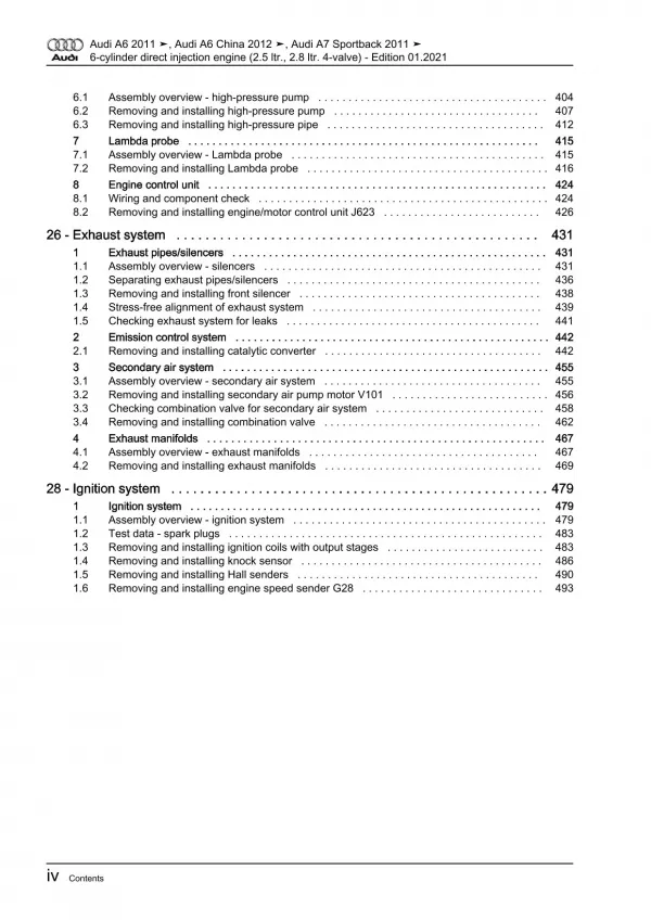 Audi A7 type 4G 2010-2018 petrol engines 190-220 hp repair workshop manual eBook