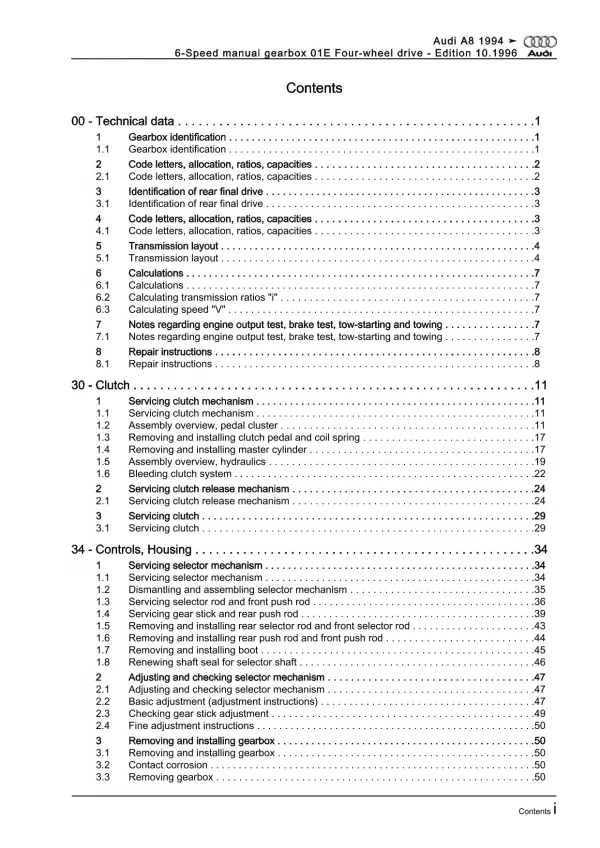 Audi A8 4D 1994-2002 6 speed manual gearbox 01E awd repair workshop manual eBook