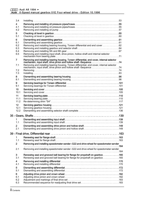 Audi A8 4D 1994-2002 6 speed manual gearbox 01E awd repair workshop manual eBook