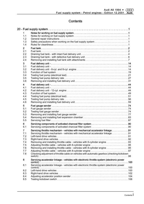 Audi A8 type 4D 1994-2002 fuel supply system petrol engines repair manual eBook