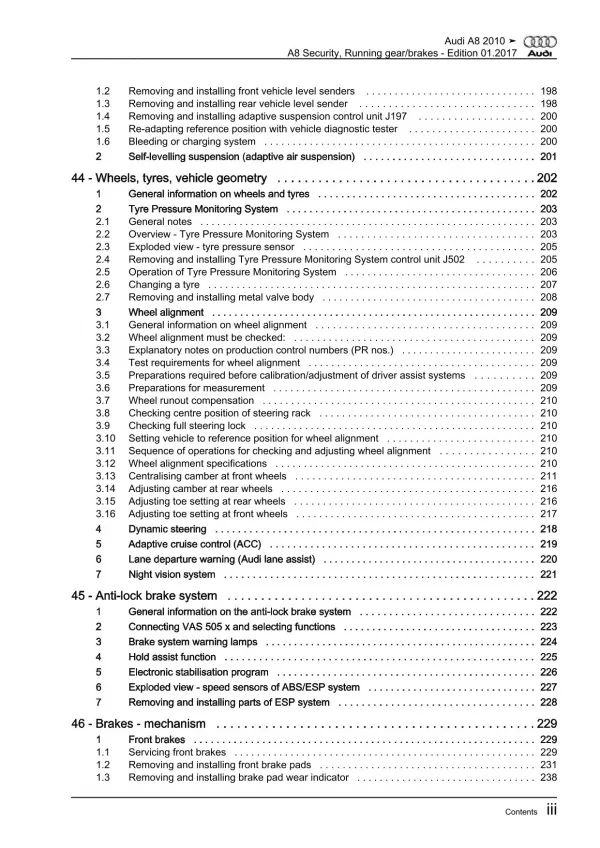 Audi A8 4H 2010-2017 security running gear steering brake repair manual eBook