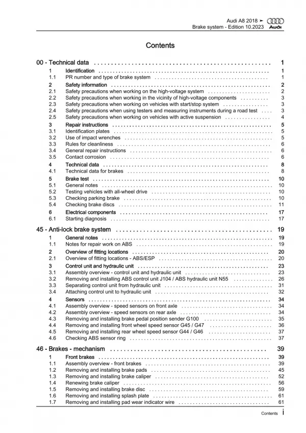 Audi A8 type 4N 2017-2021 brake systems repair workshop manual eBook pdf