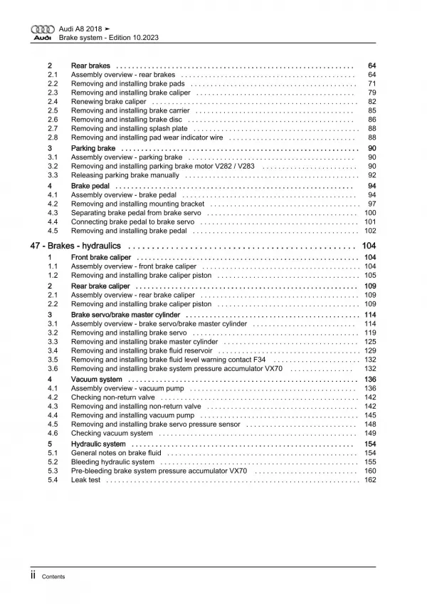 Audi A8 type 4N 2017-2021 brake systems repair workshop manual eBook pdf