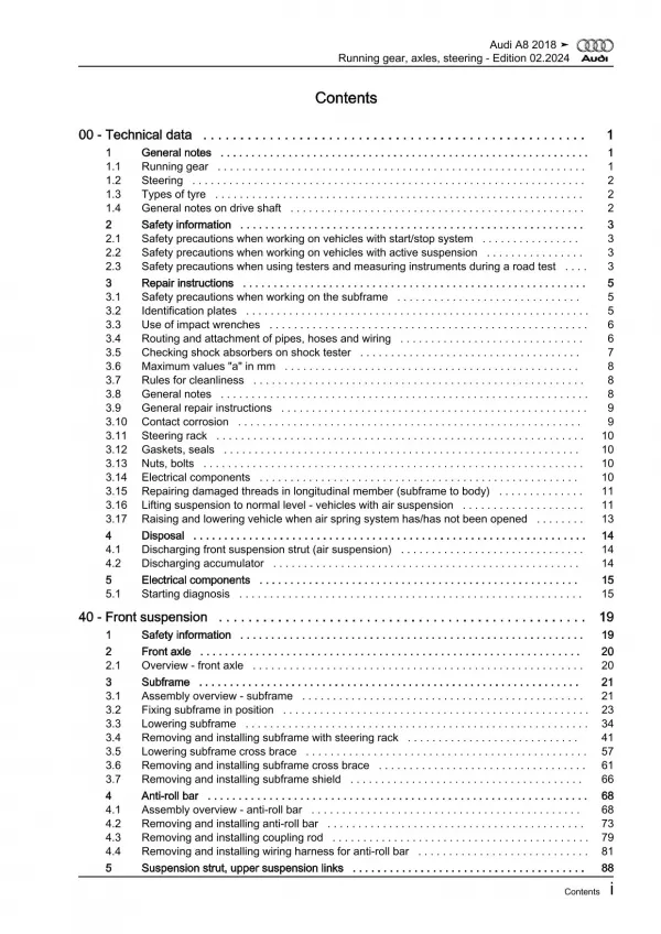 Audi A8 4N 2017-2021 running gear axles steering repair workshop manual eBook