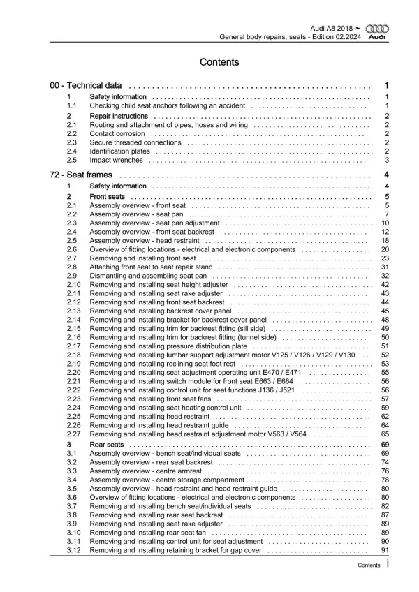 Audi A8 type 4N 2017-2021 general body repairs seats guide workshop manual eBook