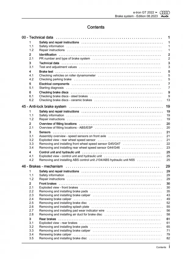 Audi e-tron GT type F8 from 2020 brake systems repair workshop manual eBook