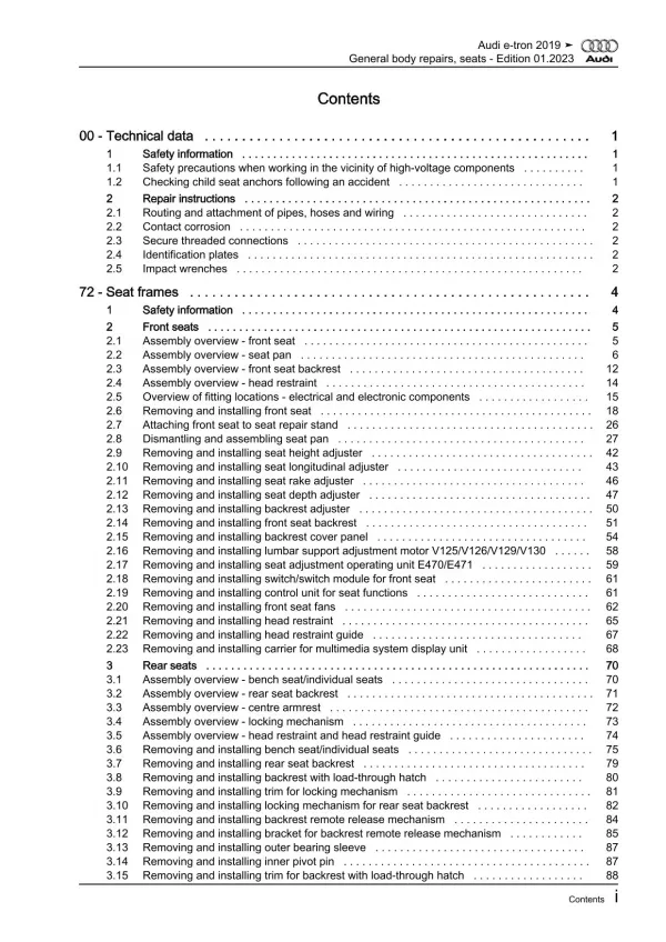 Audi Q8 e-tron GE 2018-2022 general body repairs seats workshop manual eBook