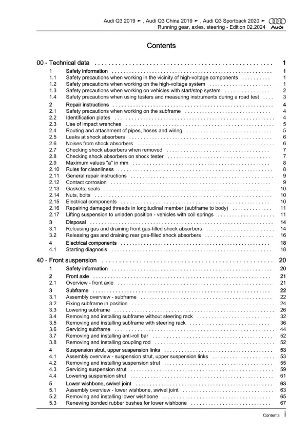 Audi Q3 F3 from 2018 running gear axles steering repair workshop manual eBook