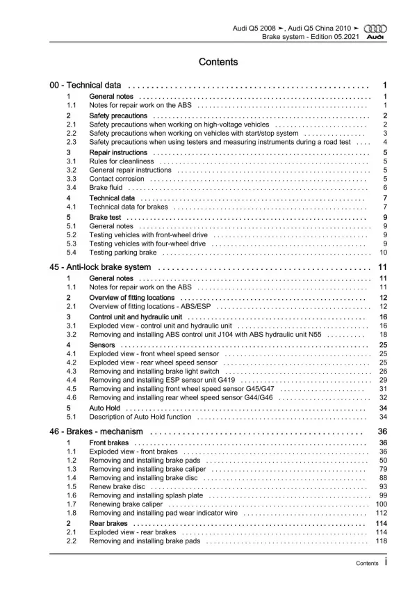 Audi Q5 type 8R 2008-2017 brake systems repair workshop manual eBook pdf