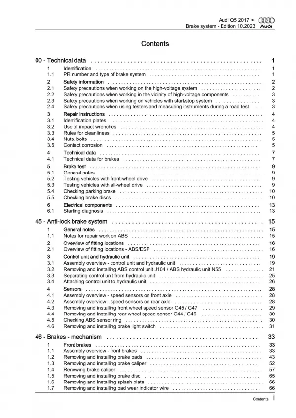 Audi Q5 type FY 2016-2020 brake systems repair workshop manual eBook pdf