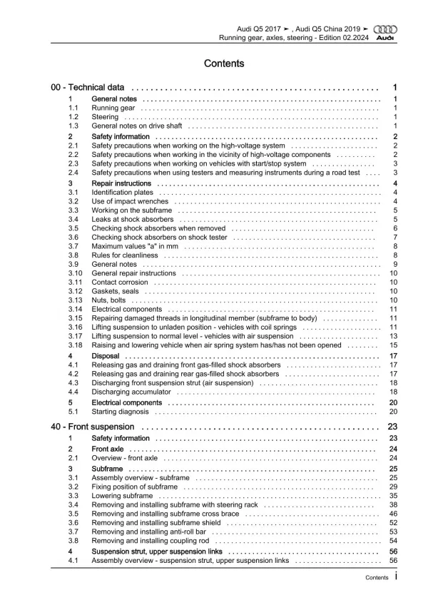 Audi Q5 FY 2016-2020 running gear axles steering repair workshop manual eBook