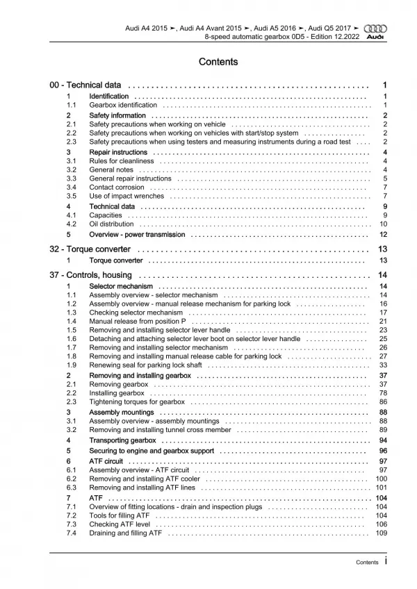 Audi Q5 type FY 2016-2020 8 speed automatic gearbox 0D5 repair manual eBook