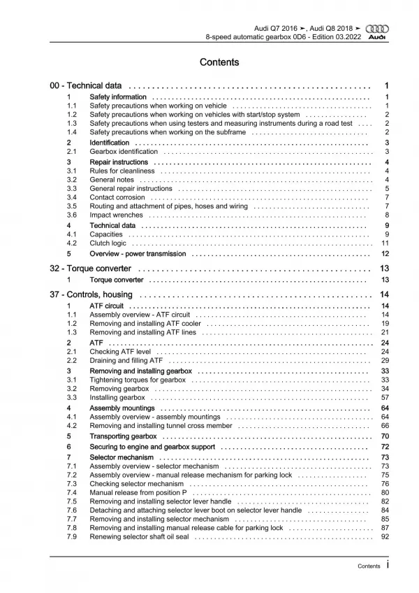 Audi Q8 type 4M from 2018 8 speed automatic gearbox 0D6 repair manual eBook