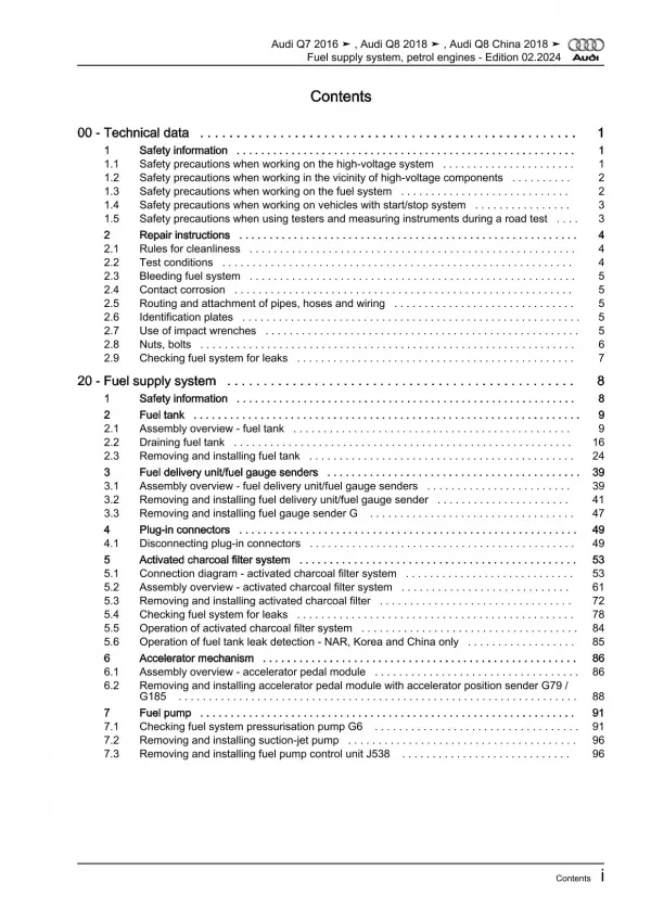 Audi Q8 type 4M from 2018 fuel supply system petrol engines repair manual eBook