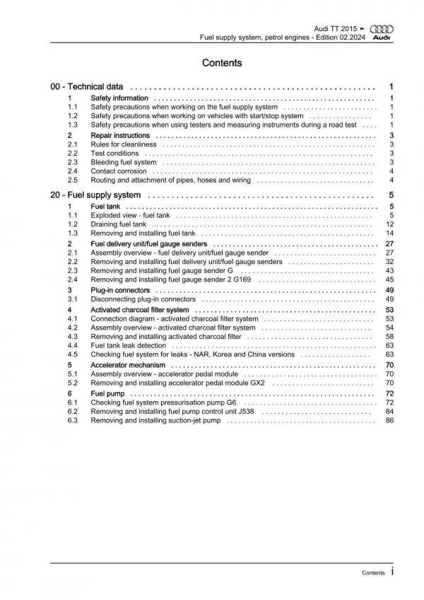 Audi TT type FV 2014-2023 fuel supply system petrol engines repair manual eBook