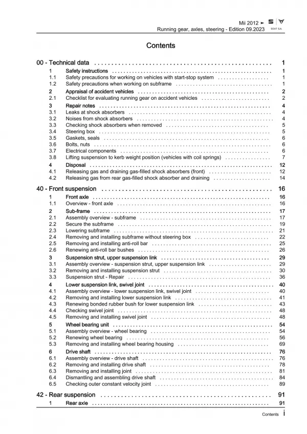 Seat Mii KF 2011-2019 running gear axles steering repair workshop manual eBook