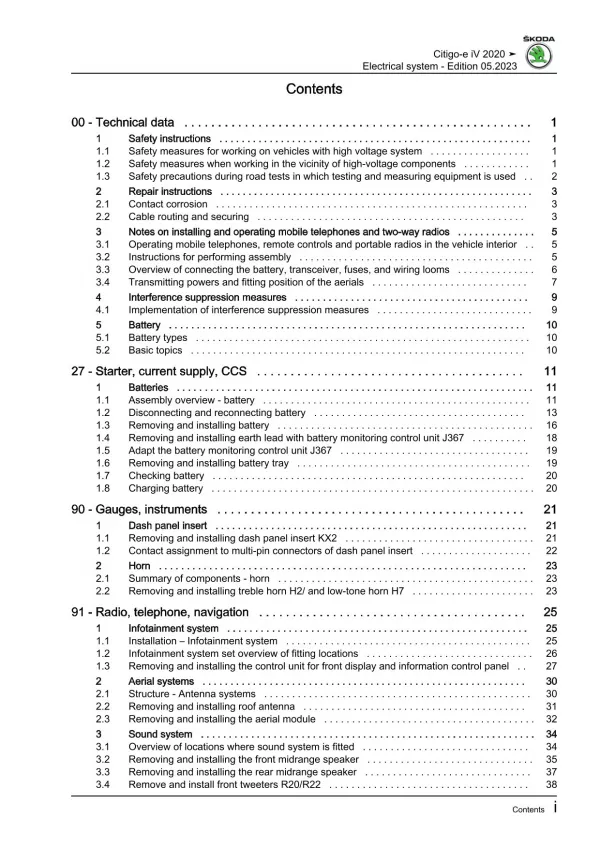 Skoda Citigo-e iV NE 2019-2020 electrical system repair workshop manual eBook