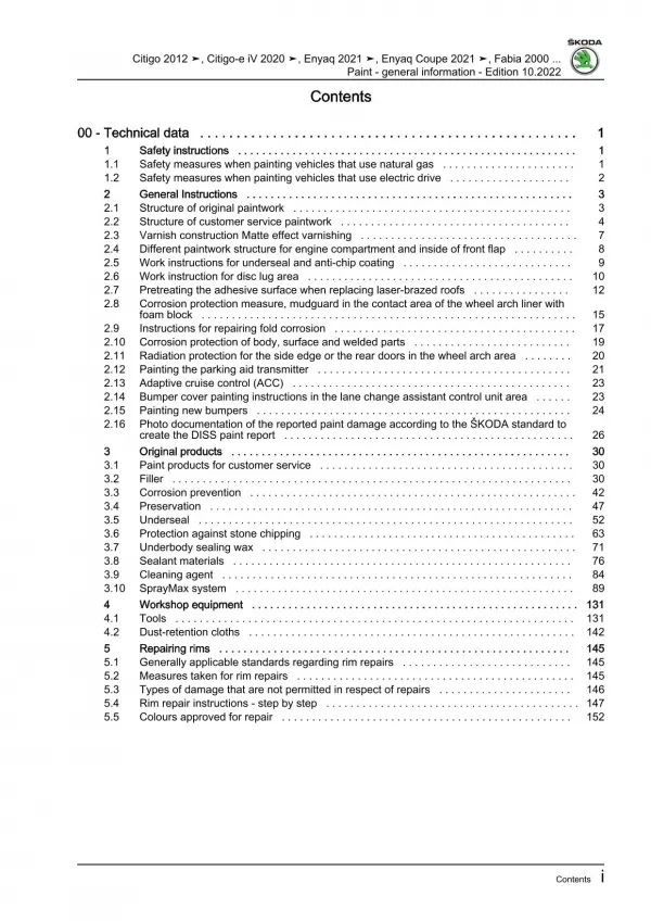 Skoda Citigo type NF 2011-2020 general information paint repair manual eBook