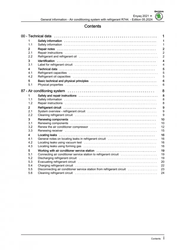 Skoda Enyaq iV from 2020 air conditioning systems refrigerant R744 manual eBook