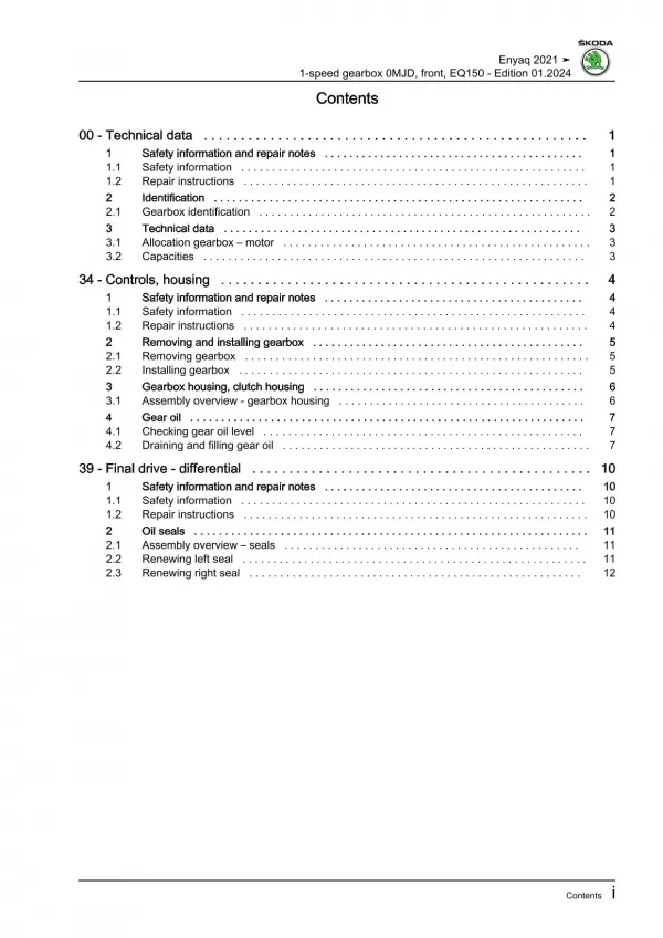 Skoda Enyaq iV type 5A from 2020 1 speed gearbox 0MJD EQ150 repair manual eBook