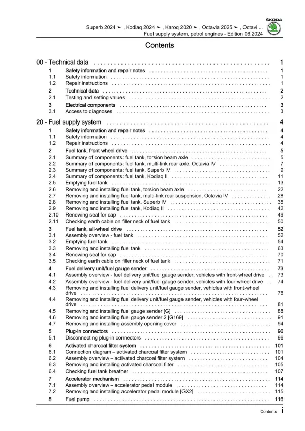 Skoda Karoq NU from 2017 fuel supply system petrol engines repair manual eBook