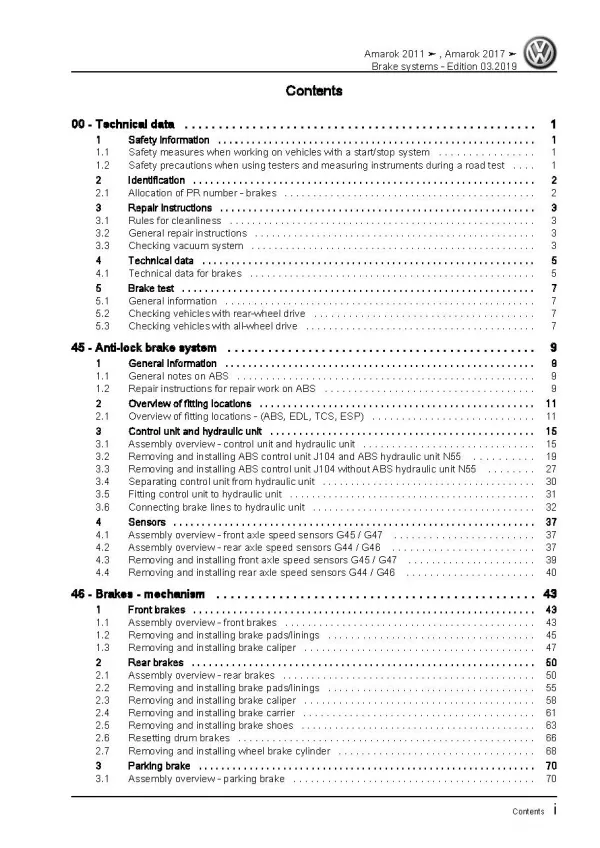 VW Amarok type 2H 2010-2016 brake systems repair workshop manual pdf file ebook