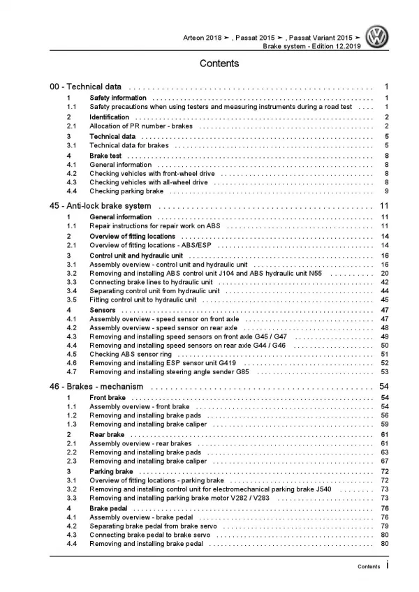 VW Arteon type 3H 2017-2020 brake systems repair workshop manual pdf ebook