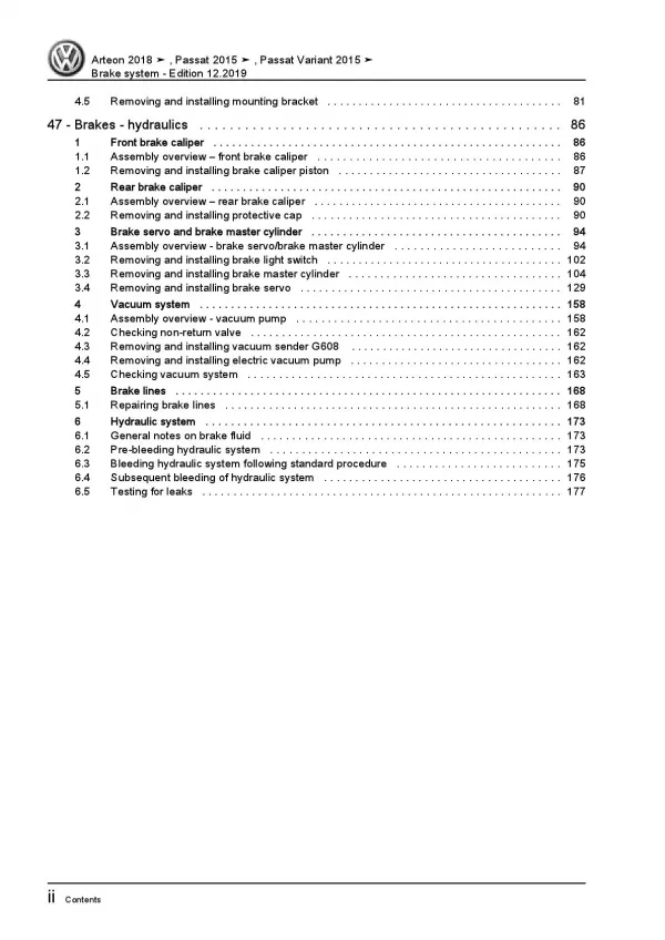 VW Arteon type 3H 2017-2020 brake systems repair workshop manual pdf ebook