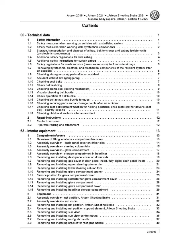 VW Arteon 3H 2017-2020 general body repairs interior repair workshop manual pdf