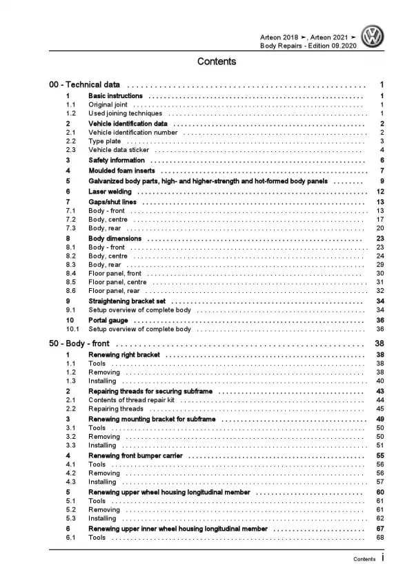 VW Arteon type 3H 2017-2020 body repairs workshop repair manual pdf ebook