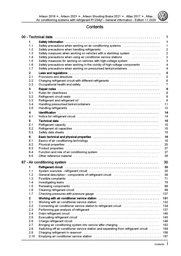 VW Arteon 3H 2017-2020 air conditioning systems refrigerant R1234yf manual pdf