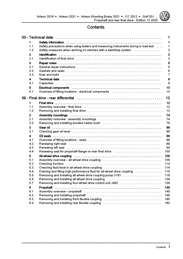 VW Arteon 3H 2017-2020 propshaft and rear final drive repair workshop manual pdf