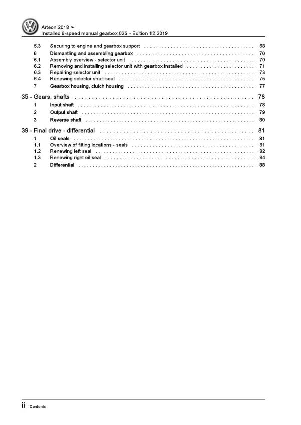 VW Arteon 3H 2017-2020 installed 6 speed manual gearbox 02S repair manual pdf