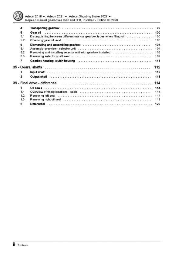 VW Arteon 3H (17-20) installed 6 speed manual gearbox 02Q 0FB repair manual pdf
