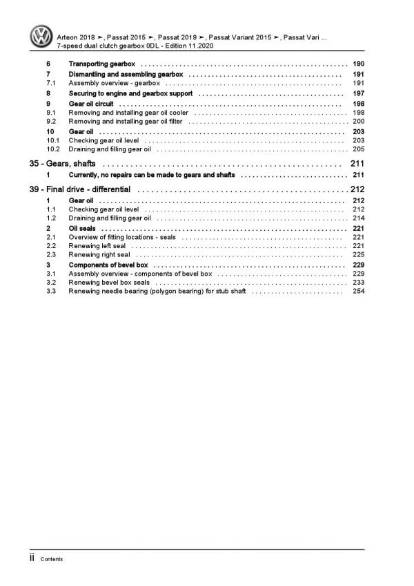 VW Arteon 3H (17-20) 7 speed dual clutch gearbox 0DL repair workshop manual pdf
