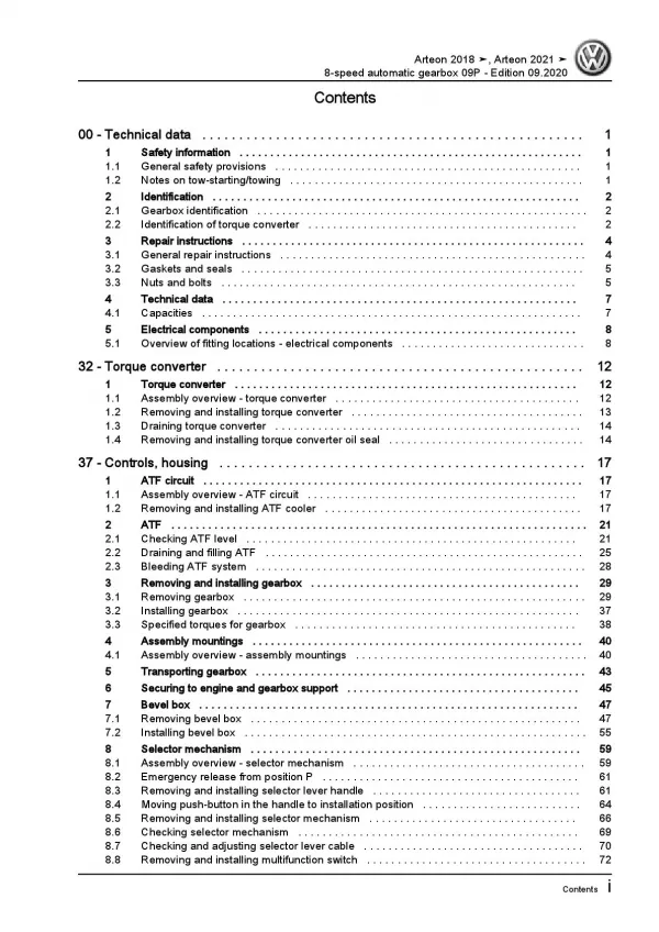 VW Arteon 3H (17-20) 8 speed automatic gearbox 09P repair workshop manual pdf