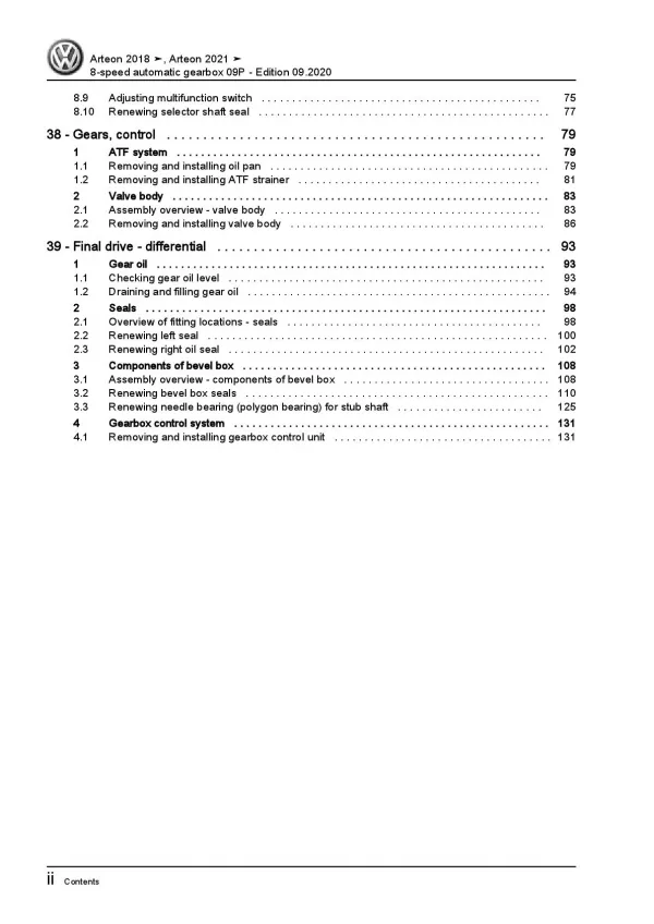 VW Arteon 3H (17-20) 8 speed automatic gearbox 09P repair workshop manual pdf