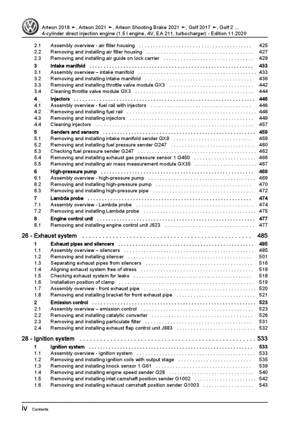 VW Arteon 3H (17-20) 4-cyl. petrol engines 130-150 hp repair workshop manual pdf