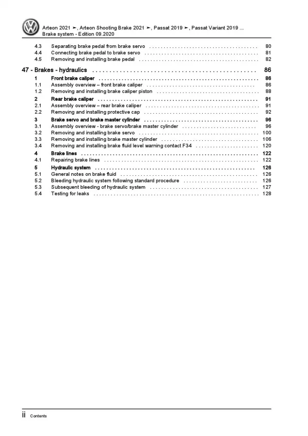 VW Arteon type 3H from 2020 brake systems repair workshop manual pdf ebook