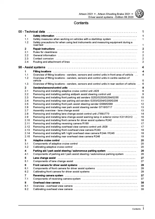 VW Arteon type 3H from 2020 drivers assist system repairs workshop manual pdf