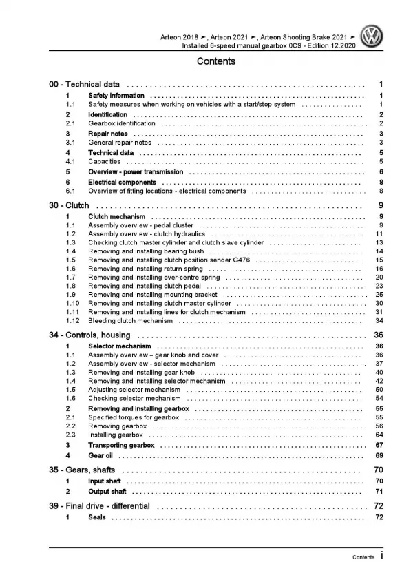 VW Arteon 3H from 2020 installed 6 speed manual gearbox 0C9 repair manual pdf