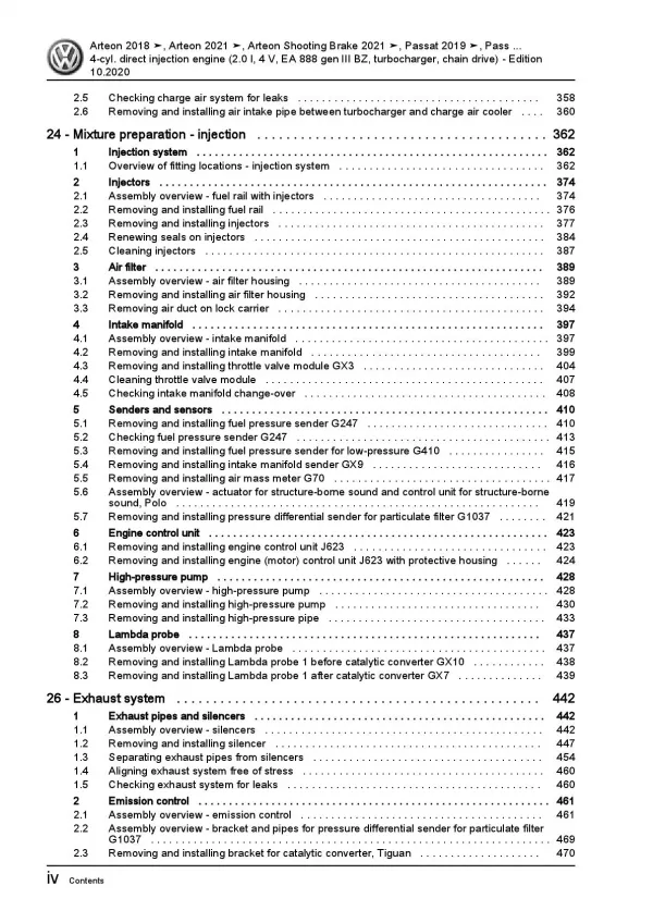 VW Arteon type 3H from 2020 4-cyl. petrol engines 179-200 hp repair manual pdf