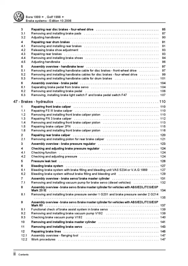 VW Bora type 1J 1998-2006 brake systems repair workshop manual pdf ebook