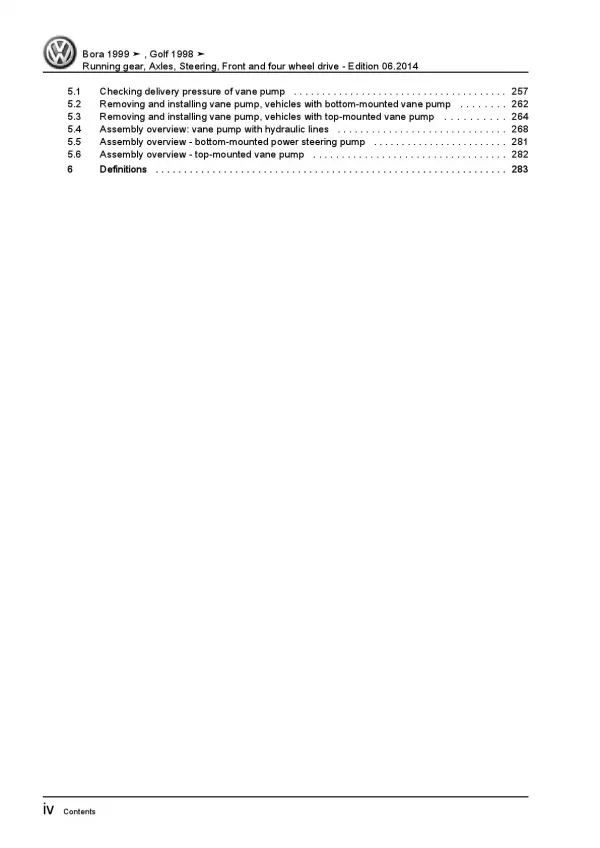 VW Bora type 1J 1998-2006 running gear axles steering fwd awd repair manual pdf