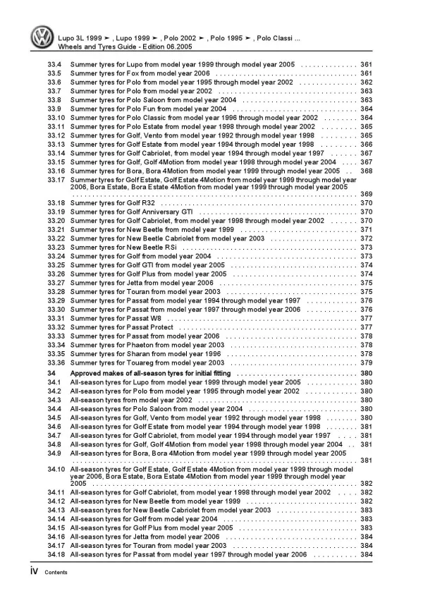 VW Bora type 1J 1998-2006 wheels and tyres repair workshop manual pdf ebook