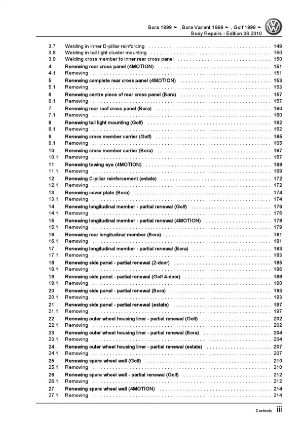 VW Bora type 1J 1998-2006 body repairs workshop repair manual pdf ebook