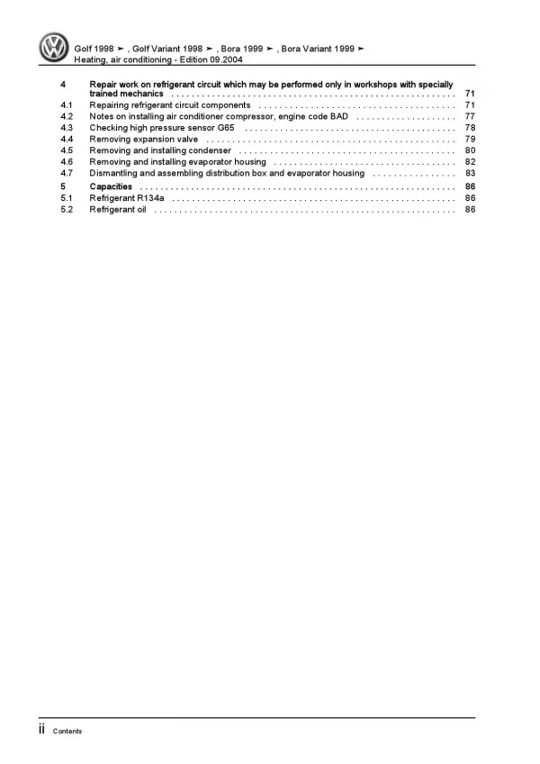 VW Bora type 1J 1998-2006 heating air conditioning system repair manual pdf