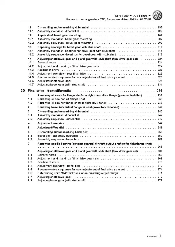 VW Bora type 1J 1998-2006 5 speed manual gearbox 02C repair workshop manual pdf