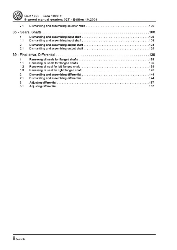 VW Bora type 1J 1998-2006 5 speed manual gearbox 02T repair workshop manual pdf