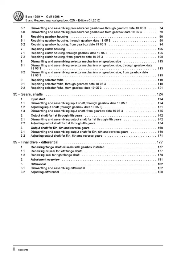 VW Bora type 1J 1998-2006 5-6 speed manual gearbox 02M repair manual pdf ebook